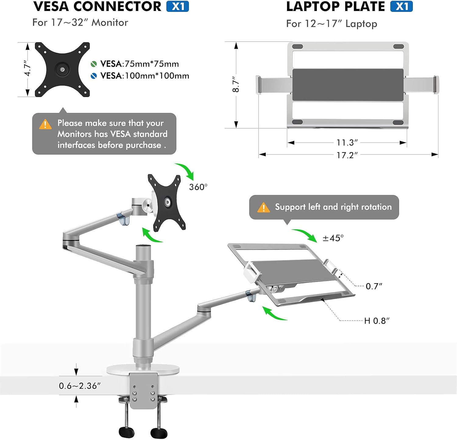 viozon Monitor and Laptop Mount, 2-in-1 Adjustable Dual Arm Desk Mounts Single Desk Arm Stand/Holder for 17 to 32 Inch LCD Computer Screens, Extra Tray Fits 12 to 17 inch Laptops (Silver ) : Electronics