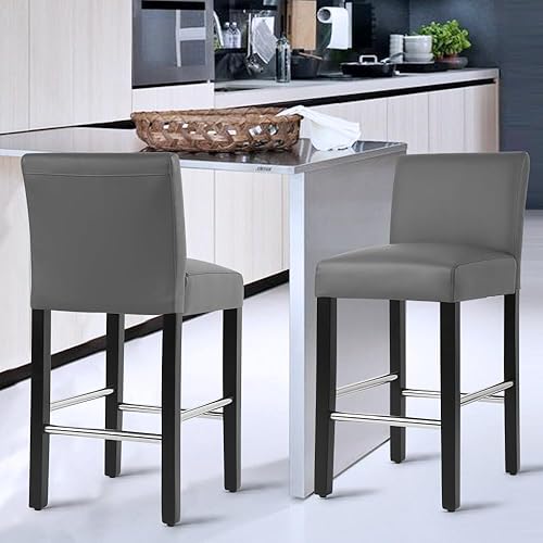 NOBPEINT Contemporary Counter Height bar Stool, Upholstered Faux Leather Barstool with Steel Footrests, 26 inch Seat Height, (Set of 2) Gray