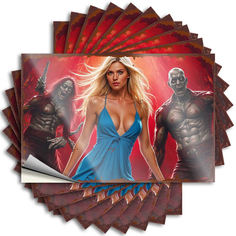 Fzfn Colour Beer Stickers - Aesthetic Silicone Cover Zombie Apocalypse: Woman In Blue Dress Vs. Zombies(6X9cm)