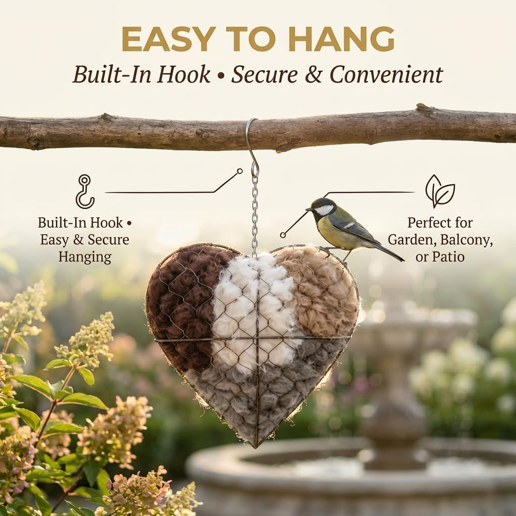 Heart-Shaped Alpaca Fiber Bird Nesting Material Holder, Refillable Wire Nest Supply, 7.08 x 7.87 Inch, Hanging Outdoor Garden Decor (3PC)