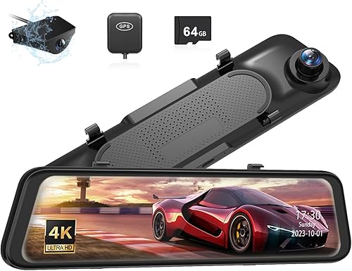 COOLCRAZY Cámara de espejo retrovisor C5 de 12 pulgadas con tarjeta de 64 GB, espejo de pantalla táctil 4K, cámara frontal y trasera, cámara de