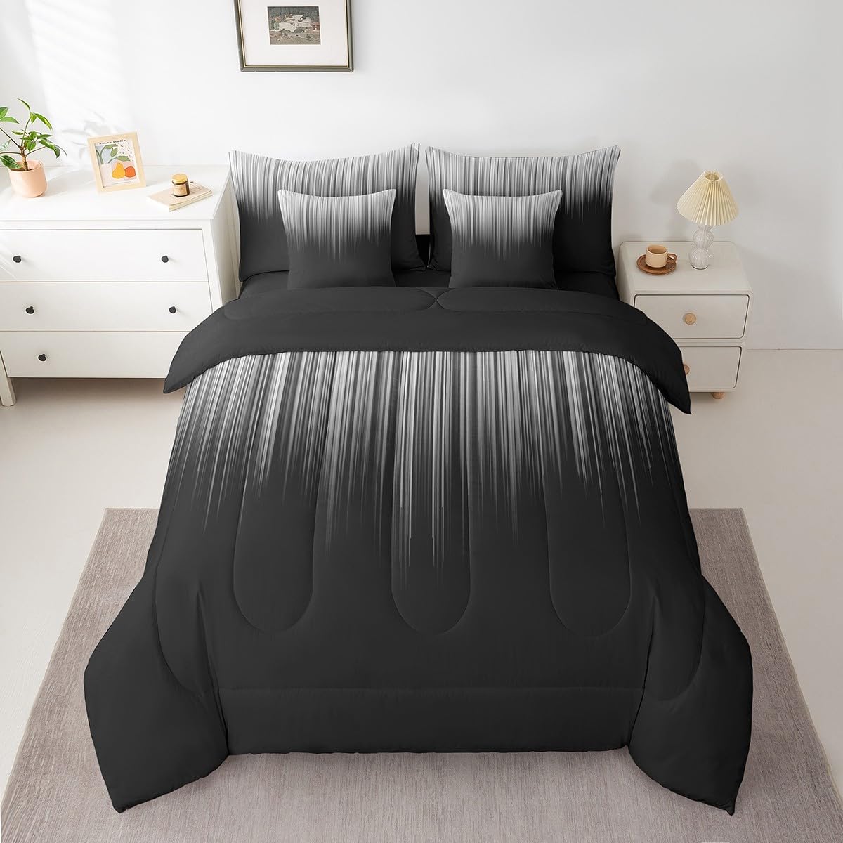 Feelyou Abstract Ombre Comforter Set with Sheets Kids Teens Grey Gray and Black Girls 7 Piece Bedding Set Room Decor Fashion Modern Women Bed in a Bag