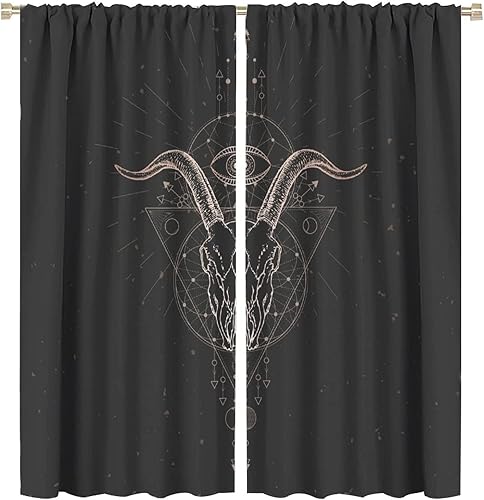 Vista 331 de Cortinas de cabeza de cabra, misteriosa cabeza de cabra malvada, calavera negra, bolsillo para barra, cortinas opacas para ventana, juego de 2