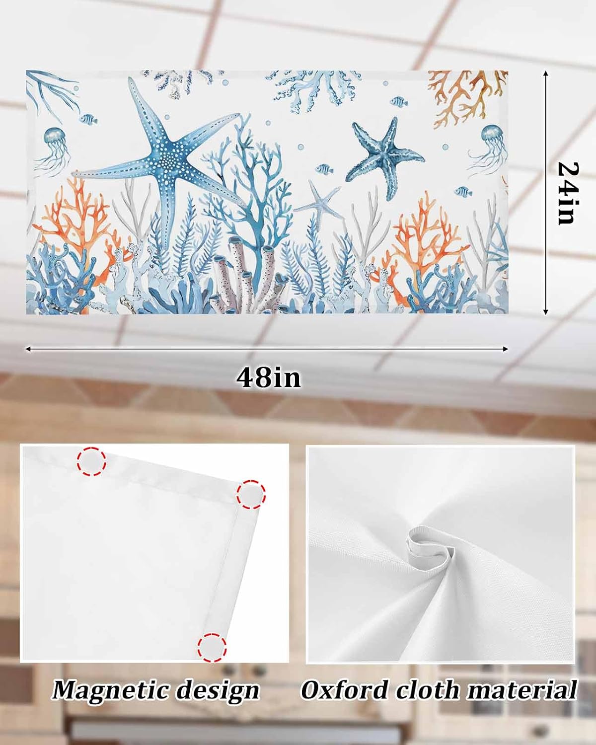 Blue Coastal 4 Pack Fluorescent Light Cover for Ceiling Lights, Summer Ocean Magnetic Classroom Light Filters 4x2 Feet, Starfish Coral Jellyfish Decorative Ceiling Shade Panel for Office