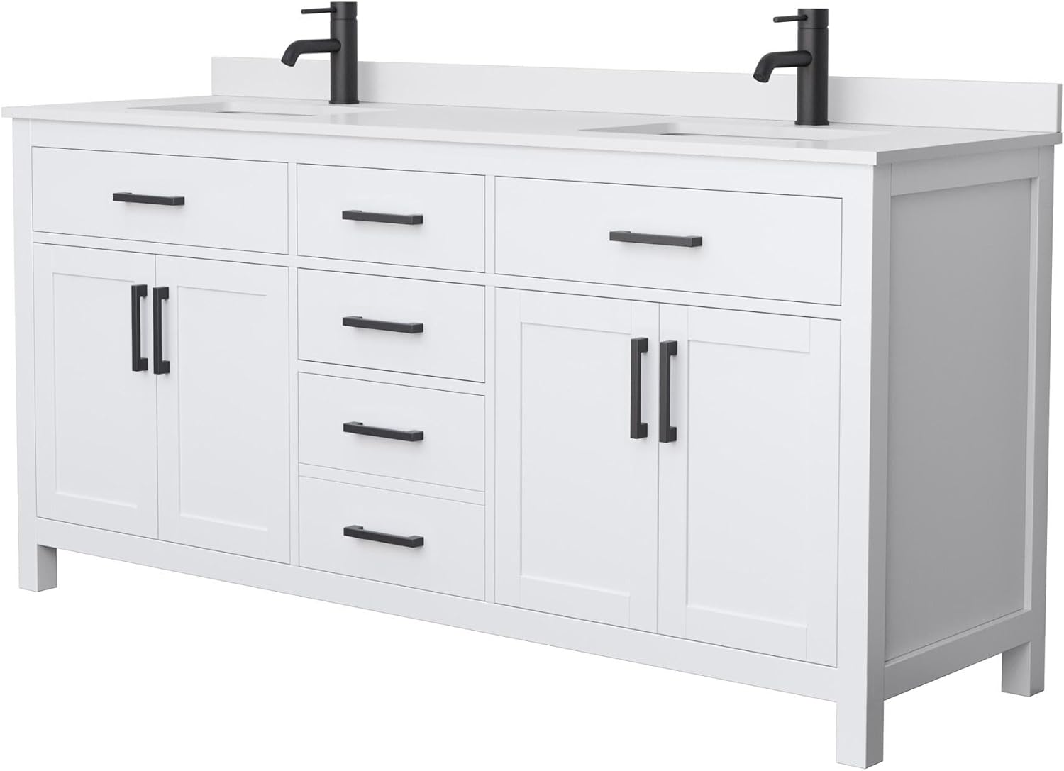 Beckett 72 Inch Double Bathroom Vanity in White, White Cultured Marble Countertop, Undermount Square Sinks, Matte Black Trim