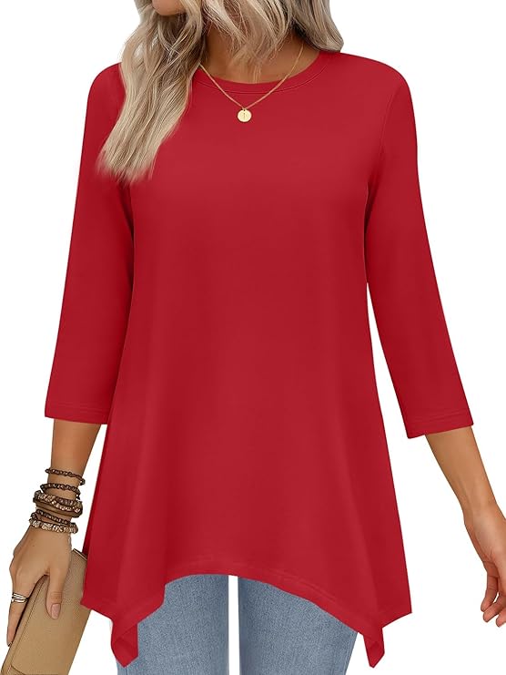 JUSTFASHIONNOW 3/4 Length Sleeve Tunic Tops for Women Loose Fit Dressy Casual Blouses Shirts with Asymmetrical Hem S-3XL