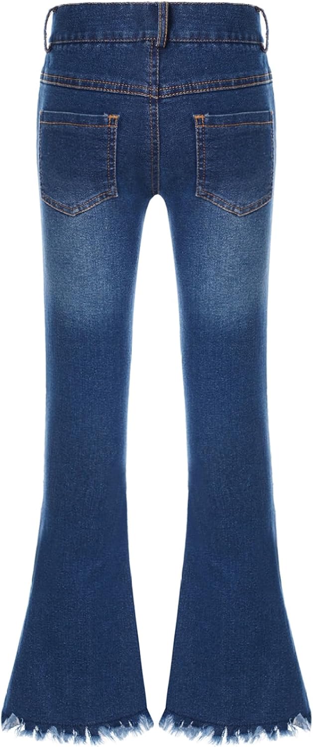 Kids Girls Casual Ripped Holes Bell Bottom Jeans Youth Washed Blue High Waist Flare Denim Pants