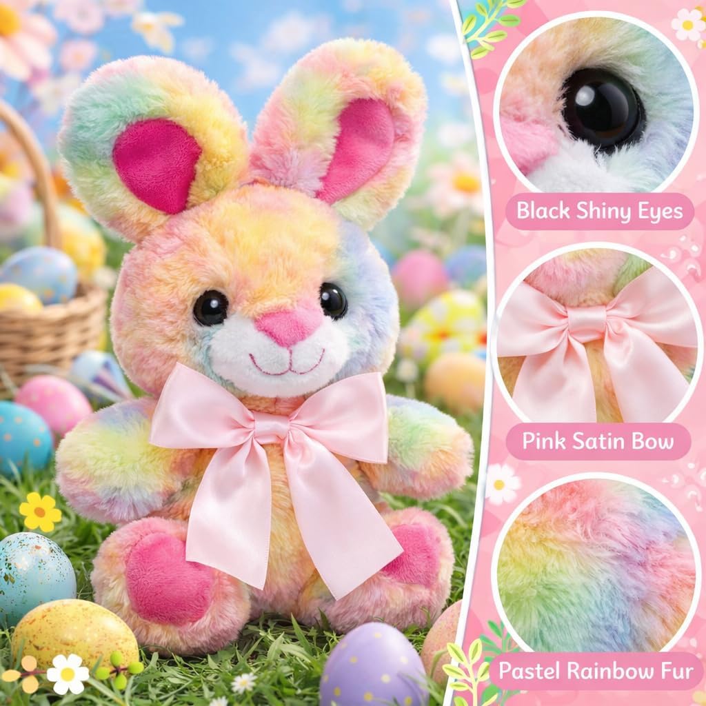 Rainbow Bunny Stuffed Animal with Big Bow Tie Cute Bunny Plush Birthday Easter Gift for Kids