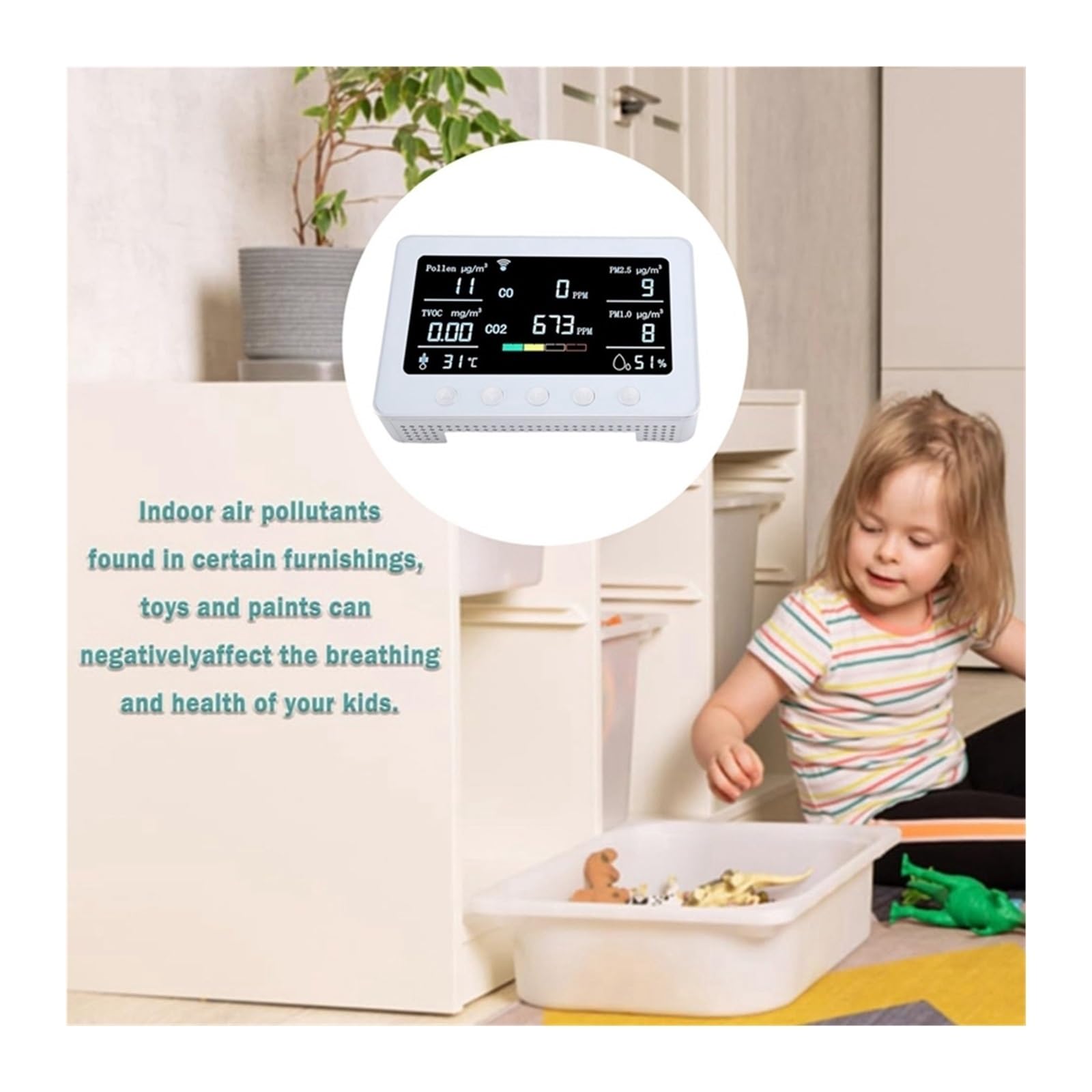 Monitor jakości powietrza, Monitor ści powietrza wykrywa pyłki TVOC CO CO2 PM2.5 1.0 Temp RH Kontroler IoT Rejestrator danych RS485 do domu