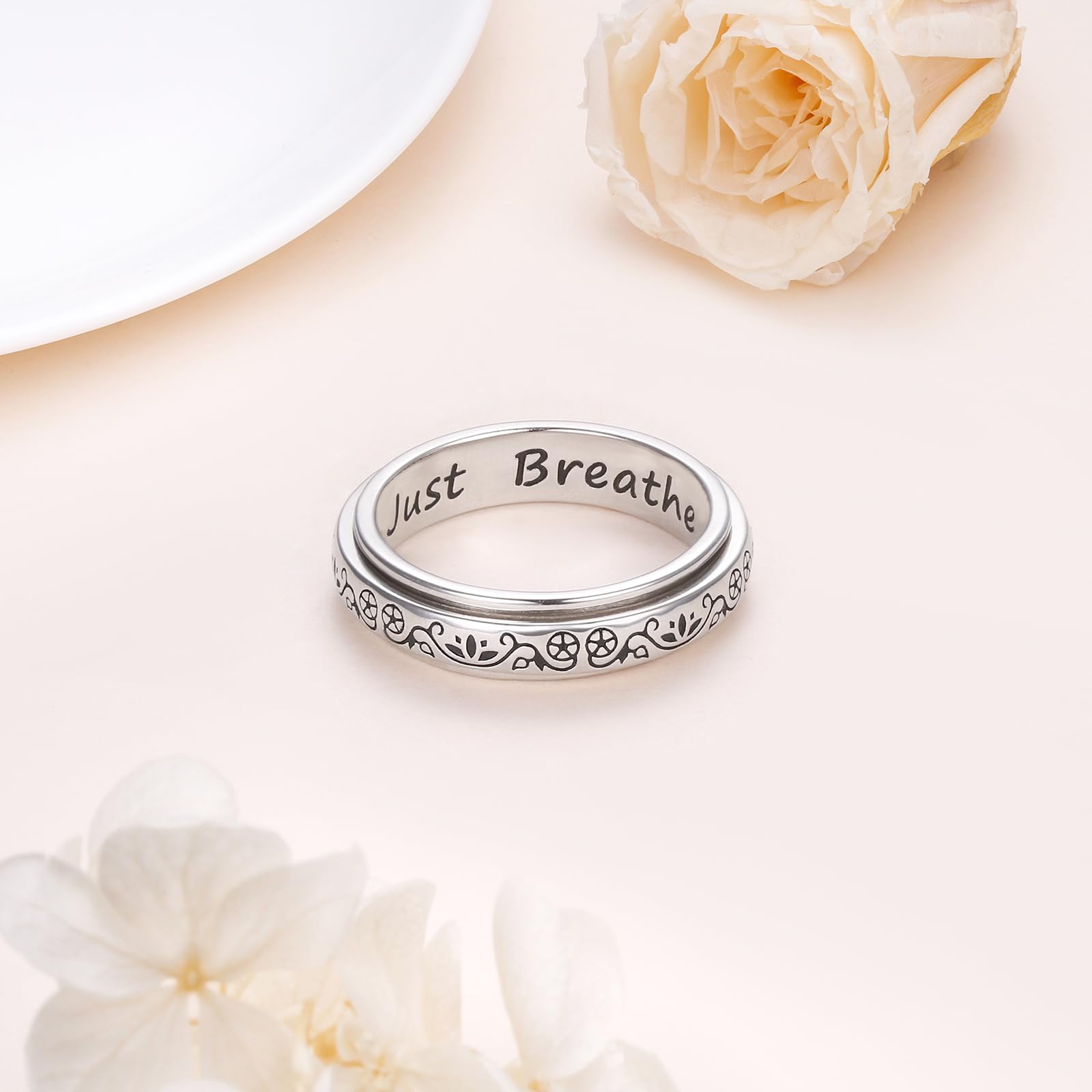 Anillo antiestrés de plata de ley 925 con flor de loto para yoga, Just Breathe Spinner para aliviar el estrés, el aburrimiento, TDAH, autismo, para mujeres y hombres