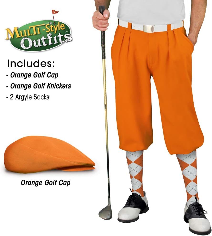 Mens Multi Style Orange Golf Outfit - Matching Knickers and Cap - Two Over-The-Calf Golf Socks