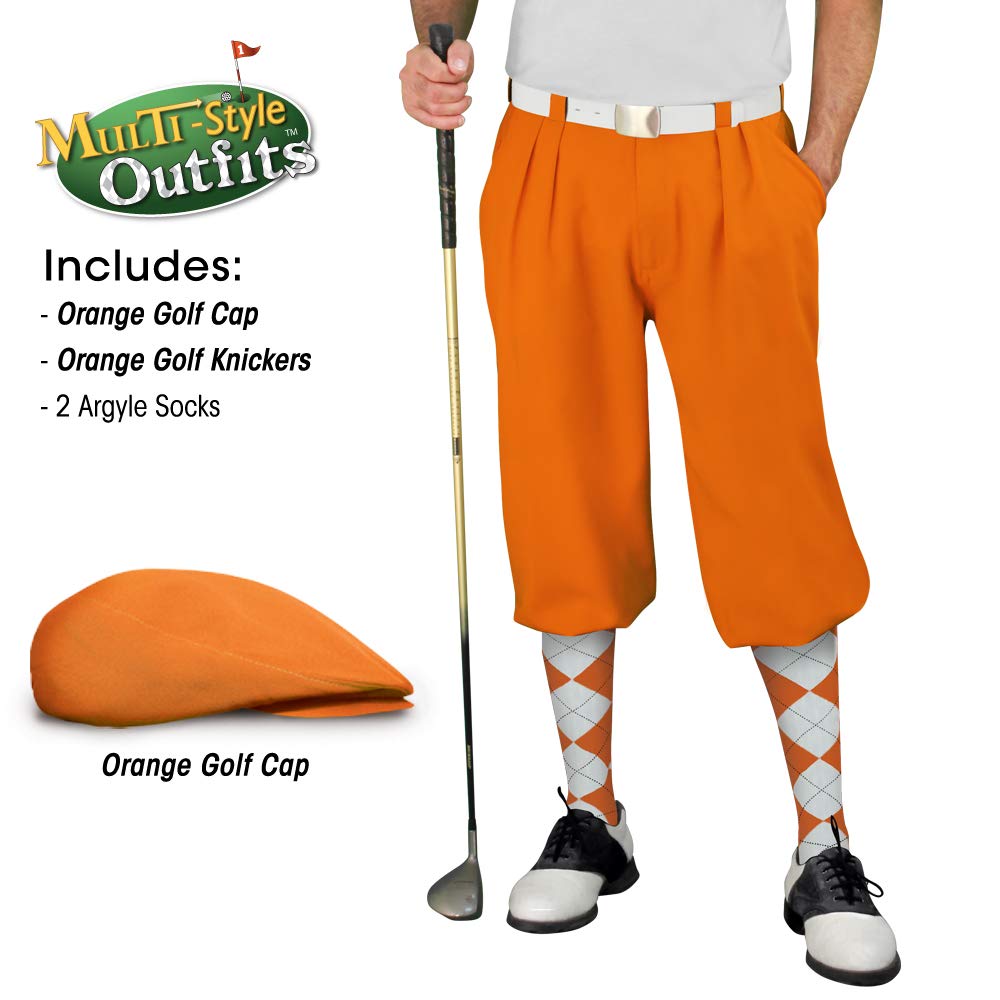 Mens Multi Style Orange Golf Outfit - Matching Knickers and Cap - Two Over-The-Calf Golf Socks - Size 36