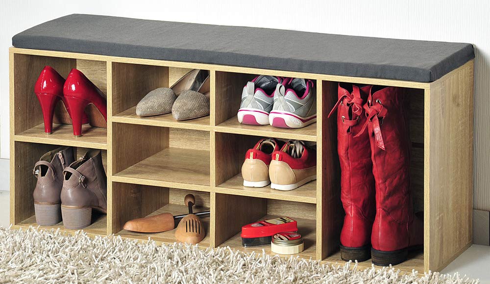 DESTOCKAGE - Meuble à chaussures bois décor chêne - Assise coussin gris - 51.5 x 29.5 x 48 cm - NEU - Ameublement