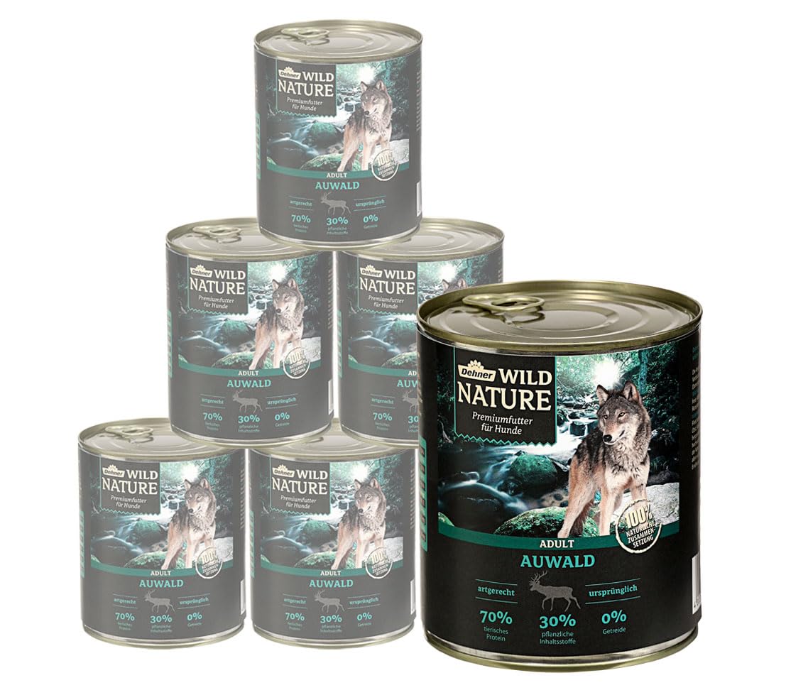 Dehner Wild Nature Hundefutter Auwald, Nassfutter getreidefrei / zuckerfrei, für ausgewachsene Hunde, Geflügel / Wild, 6 x 800 g Dose (4.8 kg)