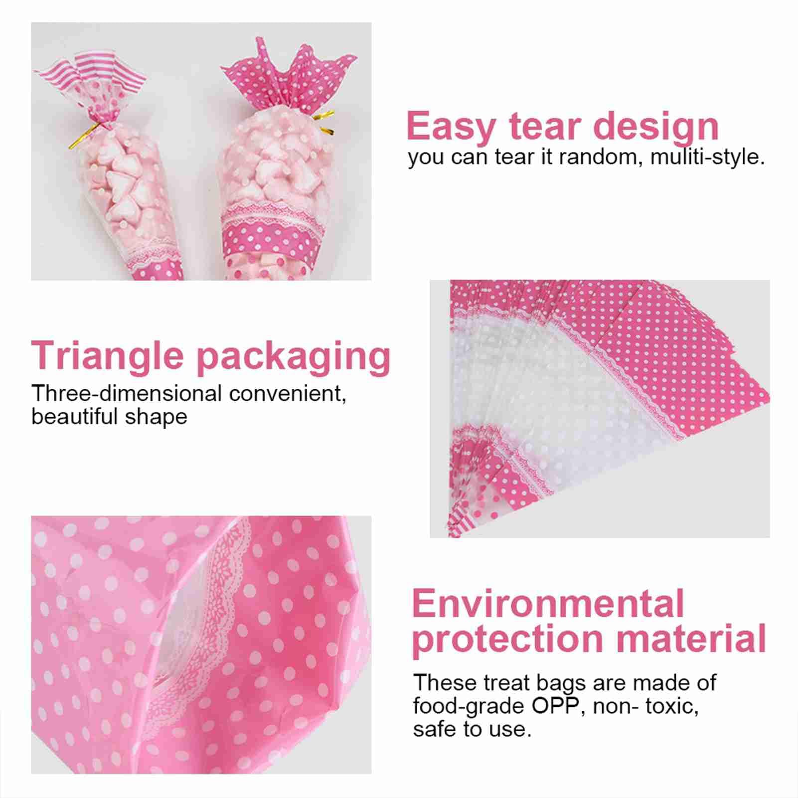 Gsycle 50PCS Cone Shaped Treat Bags, Clear Freely Cut Cotton Candy Bags Pre Rolled Cones with Twist Ties for Nuts Cookies Candy Popcorn