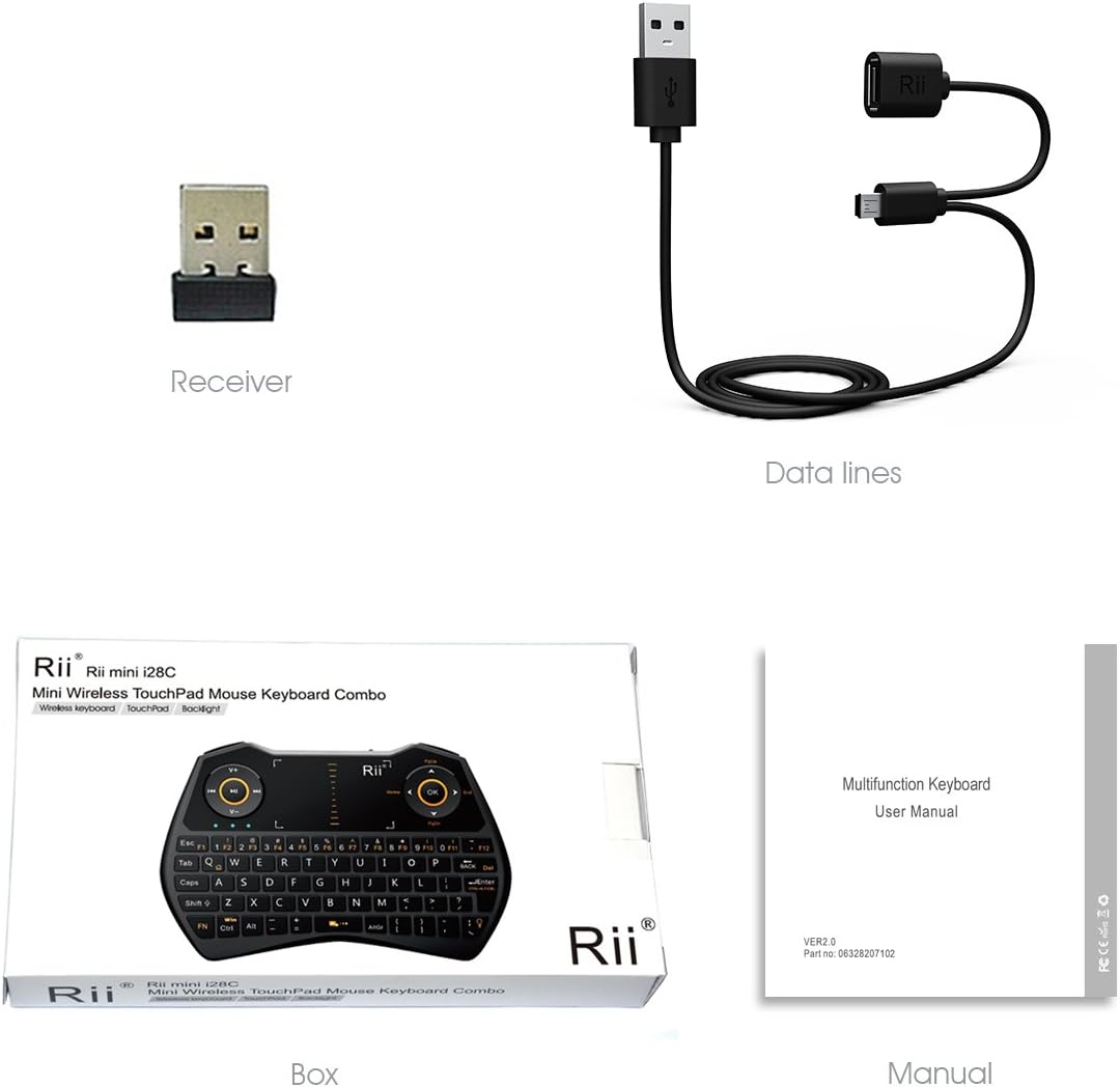 Rii Mini i28C Wireless (RT-MWK28C IT BLACK) Mini Backlit Keyboard with Touchpad for Smart TV, Mini PC, TV Box, Console, Computer, Black