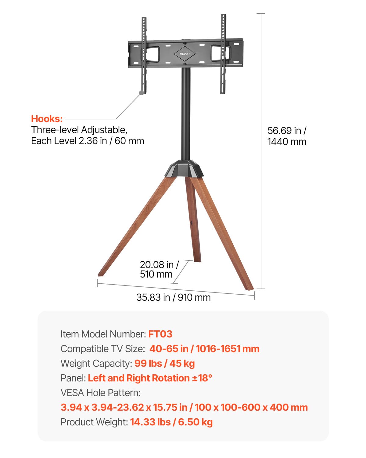 VEVOR Support TV trépied, pour écrans Plats/incurvés 1016-1651 mm, Support télé sur Pied Portable, avec Pieds en chêne, capacité de Charge 45 kg, Max. VESA 600 x 400 mm, pour Chambre, Studio, Salon