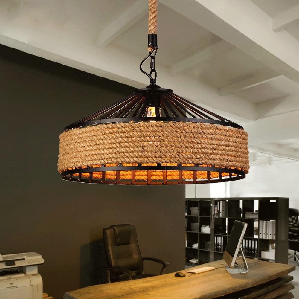BLOOHK Industrial Hemp Rope & Iron Chandelier, Rustic Round Cage Pendant Light Farmhouse Vintage Hanging Lamp for Dining Room, Kitchen