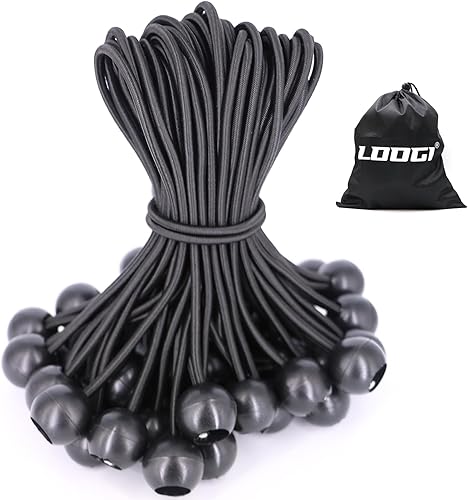 LOOGI Cuerdas elásticas de bola, cuerdas de amarre elásticas resistentes a los rayos UV para toldo, lona, campamento (25, negro, 4 pulgadas)