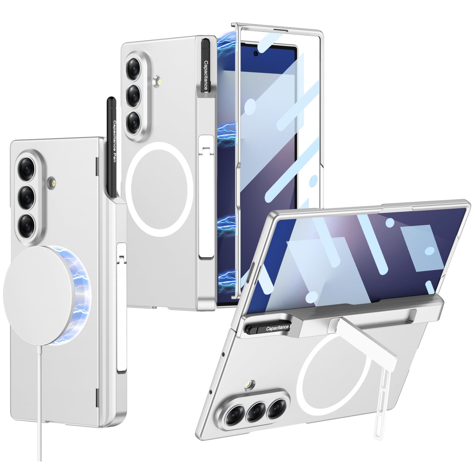 Magnética Funda para Samsung Galaxy Z Fold 7, Delgado Duro PC Esmerilada Carcasa con S-Pen Holder Bisagras Protección Soporte Caso,Plata,Z Fold 7