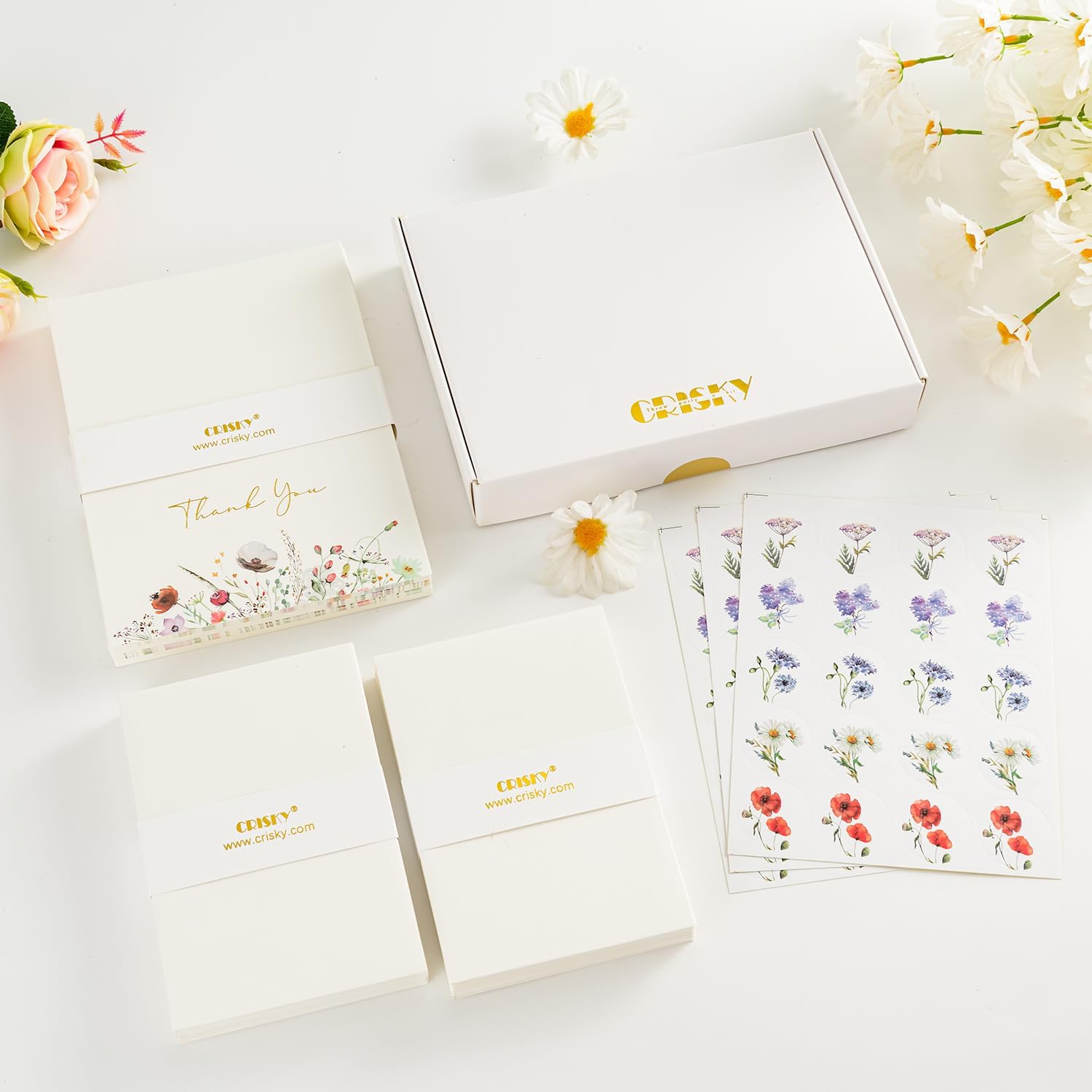 Crisky 4 tarjetas de agradecimiento surtidas de 4 x 6 pulgadas con sobres (paquete de 100) con sobres blancos para manualidades y calcomanías, tarjetas de felicitación a granel, flores silvestres de