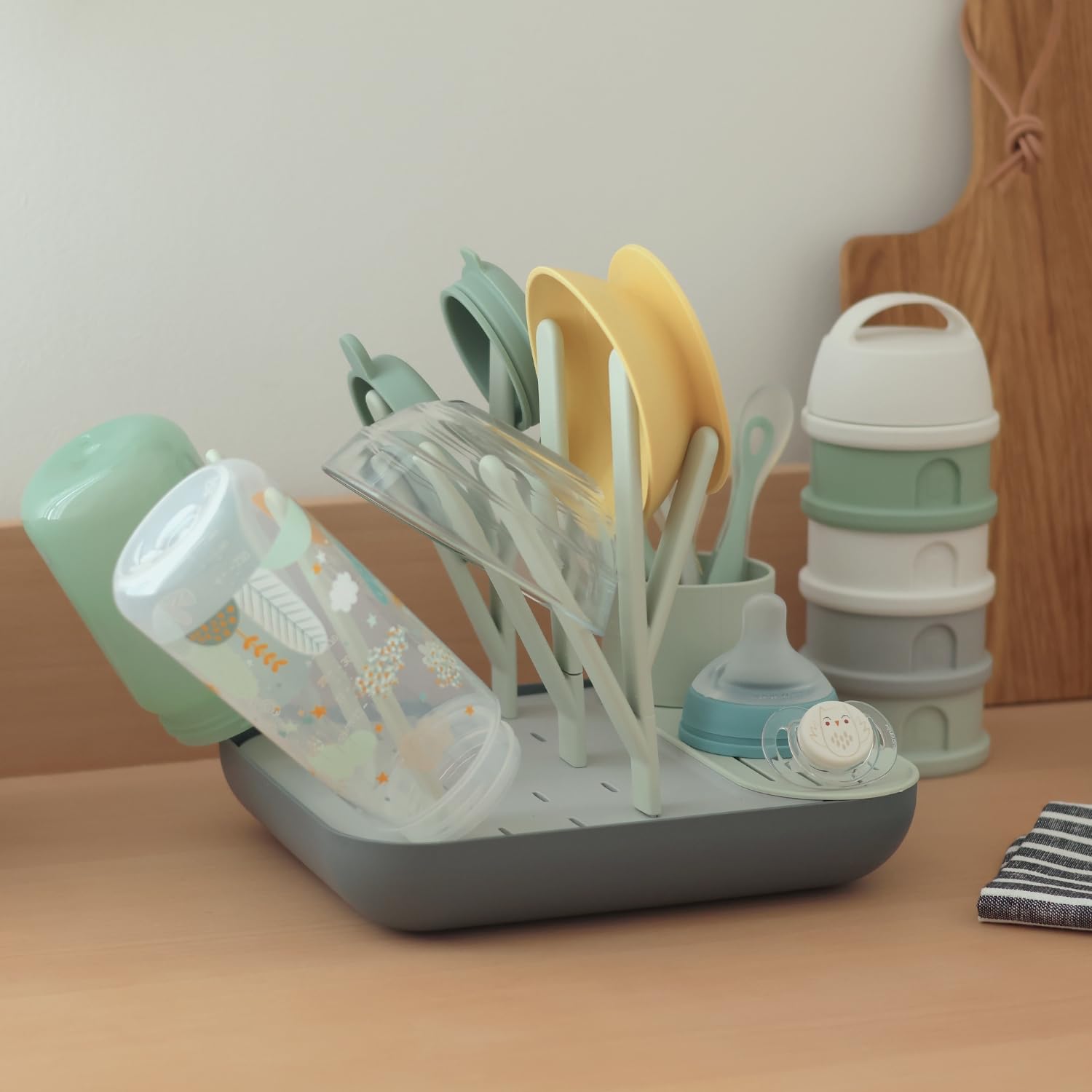 BEABA, Scolabiberon E Asciugabiberon, Grande Capacità, Modulare, Fino A 6 Biberon E Stoviglie Per Bambini, Vaso Accessorio, Drenaggio Ottimizzato, Facile Da Riporre, Compatto, Pratico, Salvia/Minerale