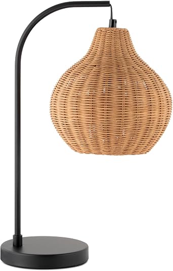 HarvestLand Sunwoven 20 Boho Table Lamp Woven nightstand lamp, Rattan Lamp with Curved Black Metal Frame for Bedside Lamp, Wicker lamp for Bedroom, Living Room, or Entryway, End Table lamp