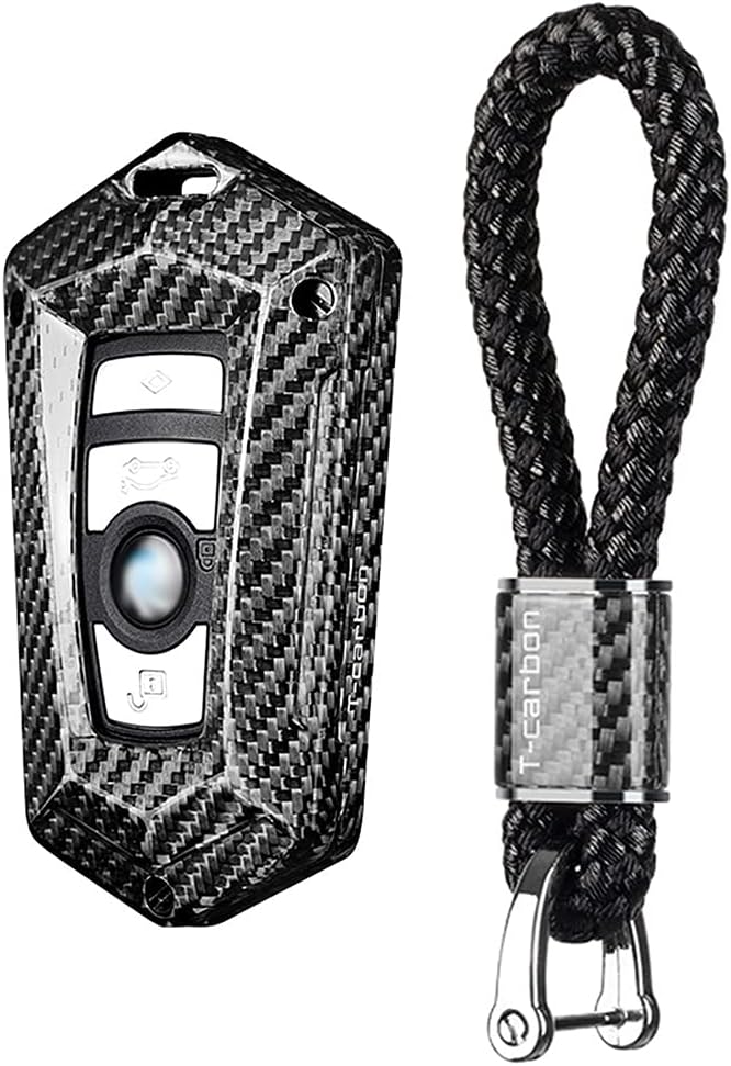 Car Key Fob Cover Case For BMW 1 Series 2 3 4 5 6 7 Series 5GT GT3 GT5 X1 X3 X4 M2 M3 M4 M5 M6 Carbon Fiber Anti Scratch Heavy Duty Key Shell - Silver Black + Braided Keychain