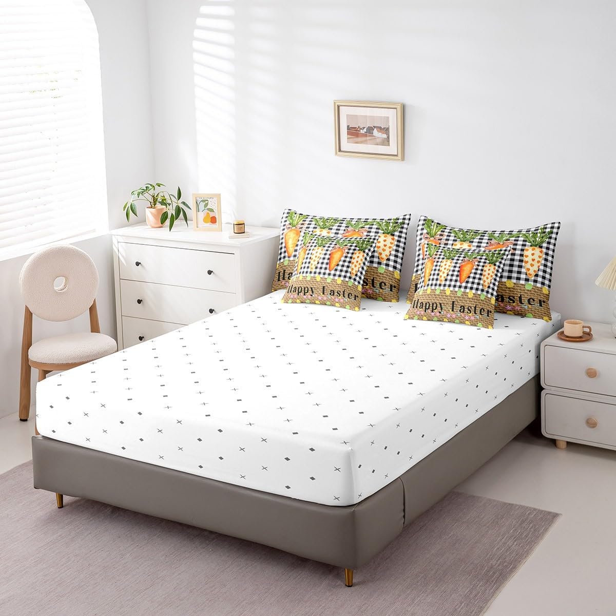 Happy Easter Bedding Set Queen Size,Cartoon Carrot Eggs 7Pcs Comforter Set,Black White Grid Patchwork Brown Flat Fitted Sheet for Kids Girls Boys Women Room Decor,Cartoon Carrot Bed in a Bag