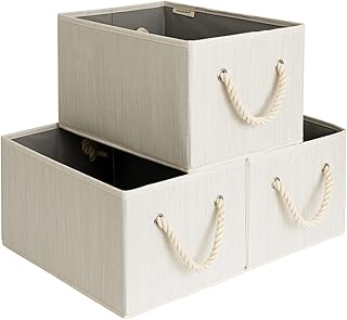 StorageWorks Large Storage Baskets for Organizing, Foldable Storage Baskets for Shelves, Fabric Storage Bins with Handles, Beige, White & Ivory, 3-Pack