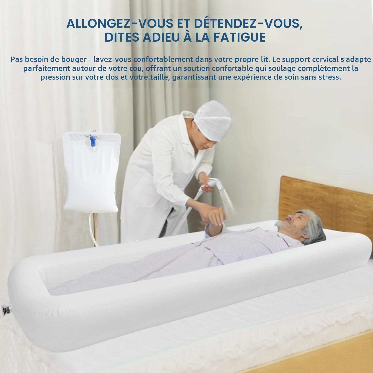 Kit De Baignoire Gonflable Pour Personnes Âgées,Handicapées,Personnes Âgées,Patients Alités,Handicapés,Bain Dans Le Lit,Baignoire Gonflable Avec Sac à Eau Et Pompe à Air,Aide Au Bain Au Lit(Blanc)