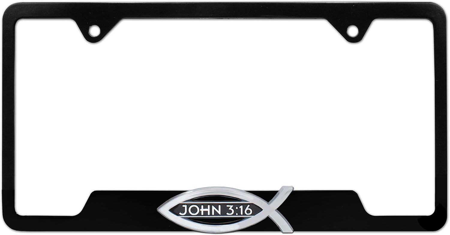 Elektroplate – Christian Fish Ichthys Bible Verse John 3:16 on Black All-Metal Open Corners Premium 3D License Plate Frame Tag Holder for Cars/SUVs/Trucks Weather-Proof Automotive Accessory
