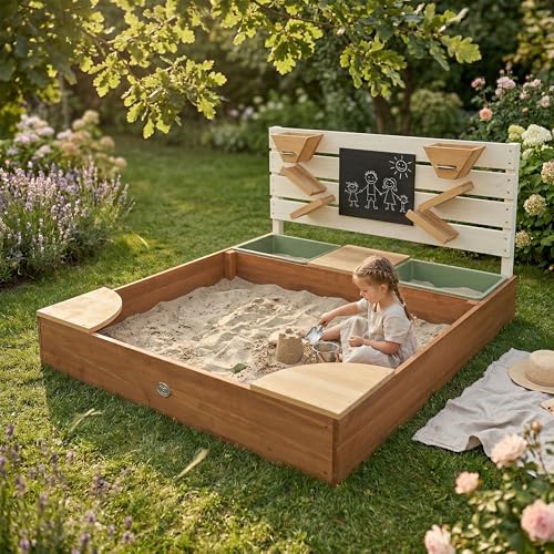 Bac à sable en bois Axi Cato avec mur d'activités, tableau et bac à eau