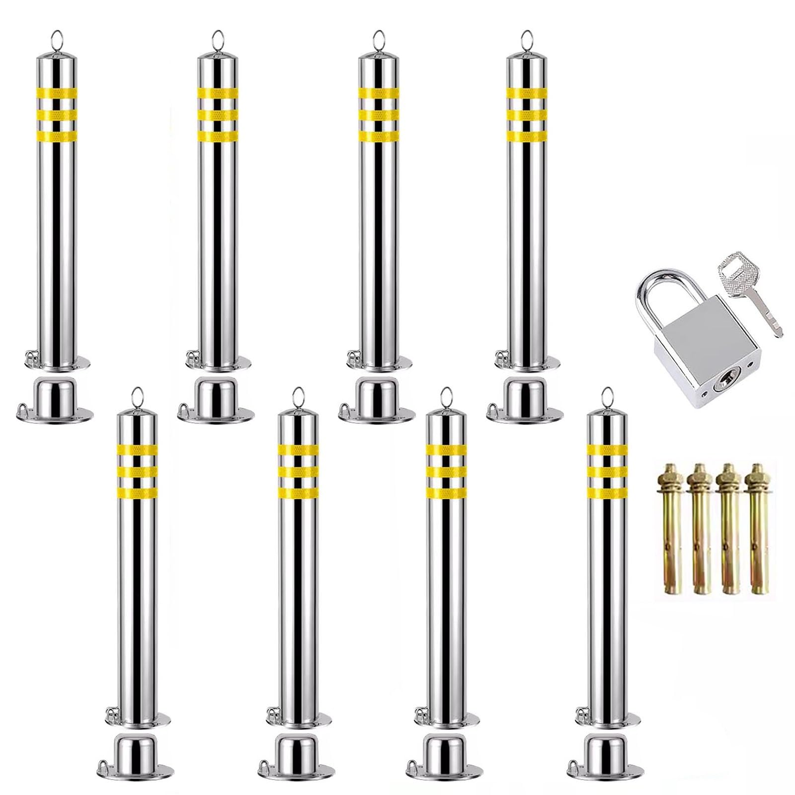 JYBNBBE Driveway Caution Sign Security Bollards Kit, Conspicuous Removable Driveway Barrier Stanchion with Padlock, Stainless Steel Traffic Delineator Posts,8 Pack-75cm