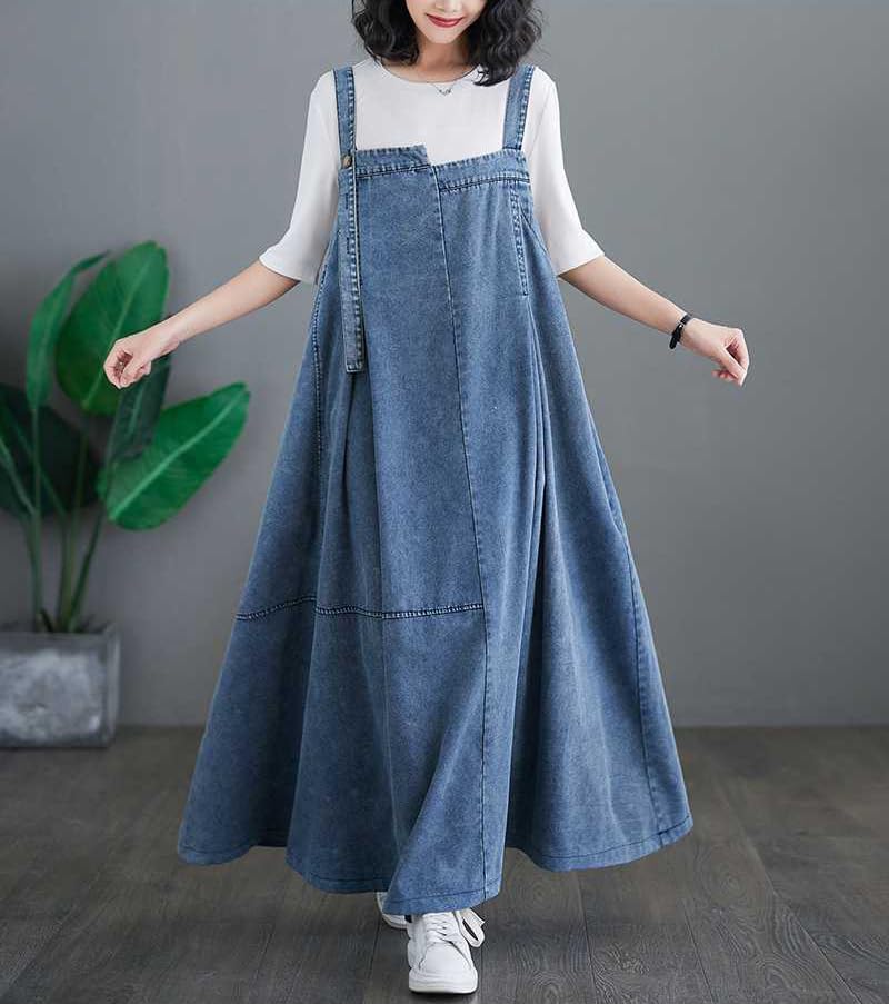 Overall Dress for Women Jean Boho Denim Overalls Skirt Jumper Pinafore Dresses Wide Hem Adjustable Straps Loose - Image 4