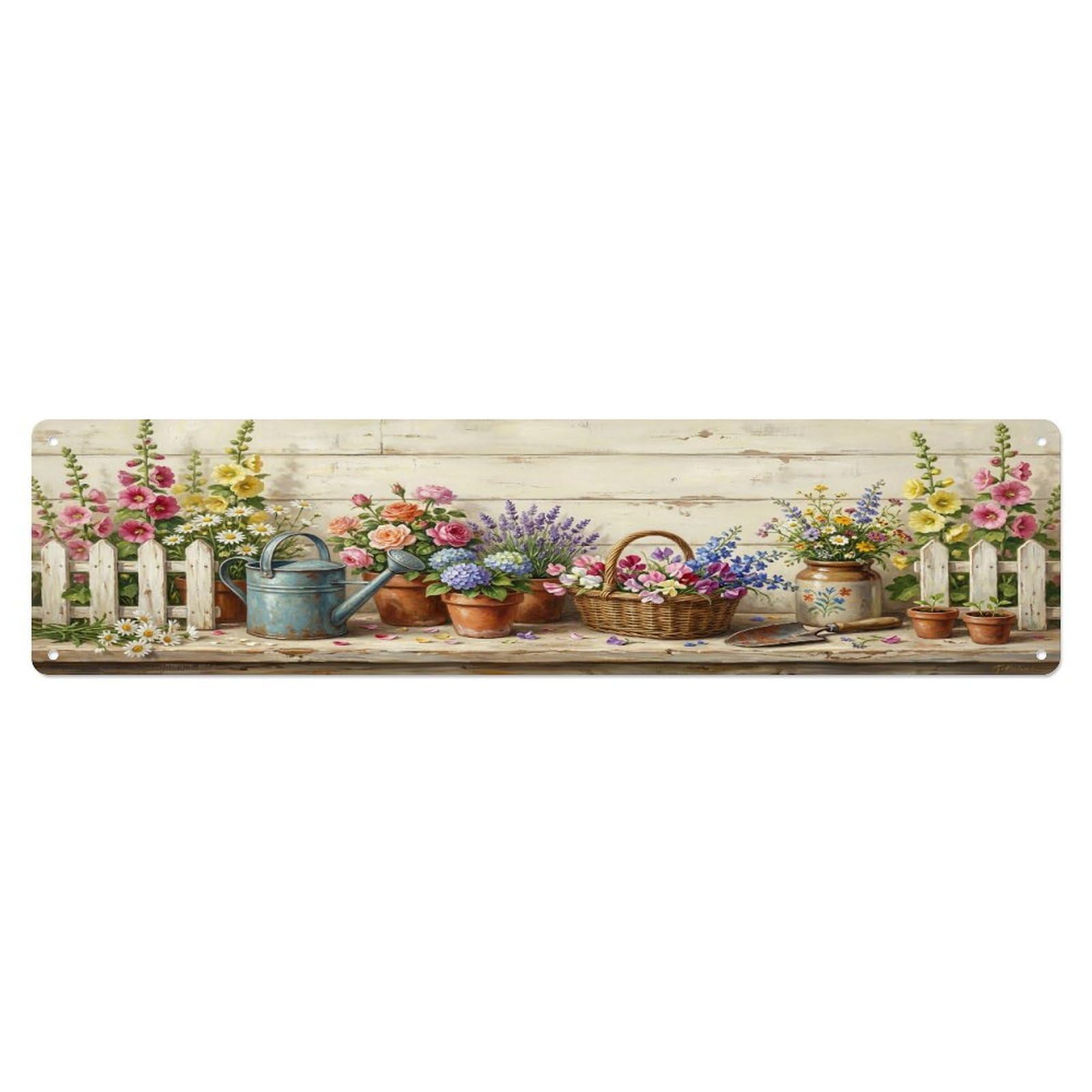 Floral Garden Tools Picket Fence Pattern Print Metal Tin Sign