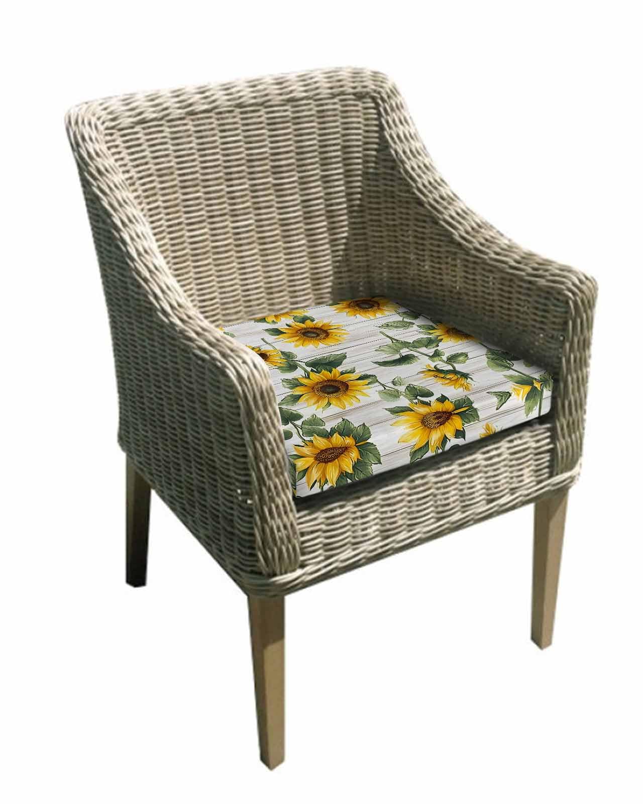 2 Pack Yellow Sunflowers Waterproof Cushion Covers with Ties, Outdoor Patio Chaise Lounge Chair Seat Cushion Slip Covers Replacement(Only Cover) Farmhouse Pastoral Wooden Plank Art 22