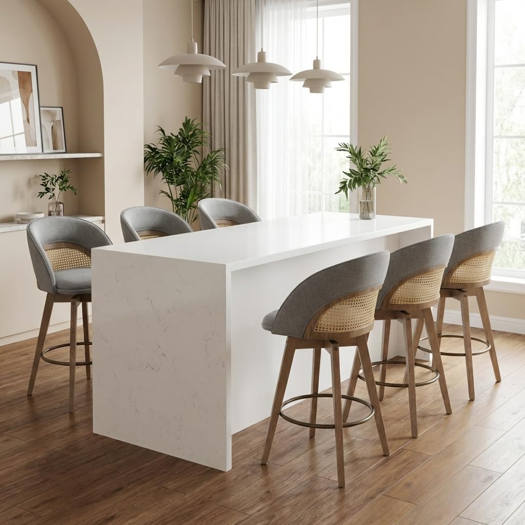 CIMOTA Swivel Counter Height Bar Stools Set of 2, Modern 26" Chenille Kitchen Island Stools with Curved Back and Wooden Legs, Rattan Counter Stools with Silver Footrest for Dining Room, Beige