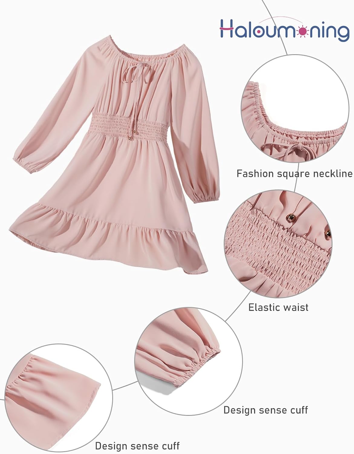 Girls Long Sleeve Square Neck Casual Boho Smocked Short Dresses 5-14 Years - Image 8