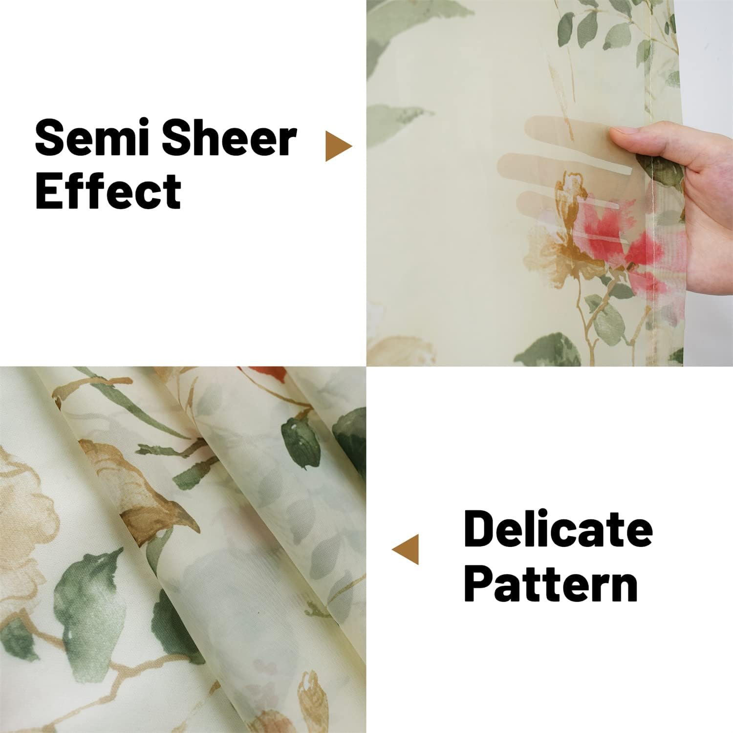 Fresh Flower Leaves Curtain 2 Panels Semi Sheer Voile Floral Drapes Linen Textured Bedroom Curtain Grommet Top, 52" W x 63" L