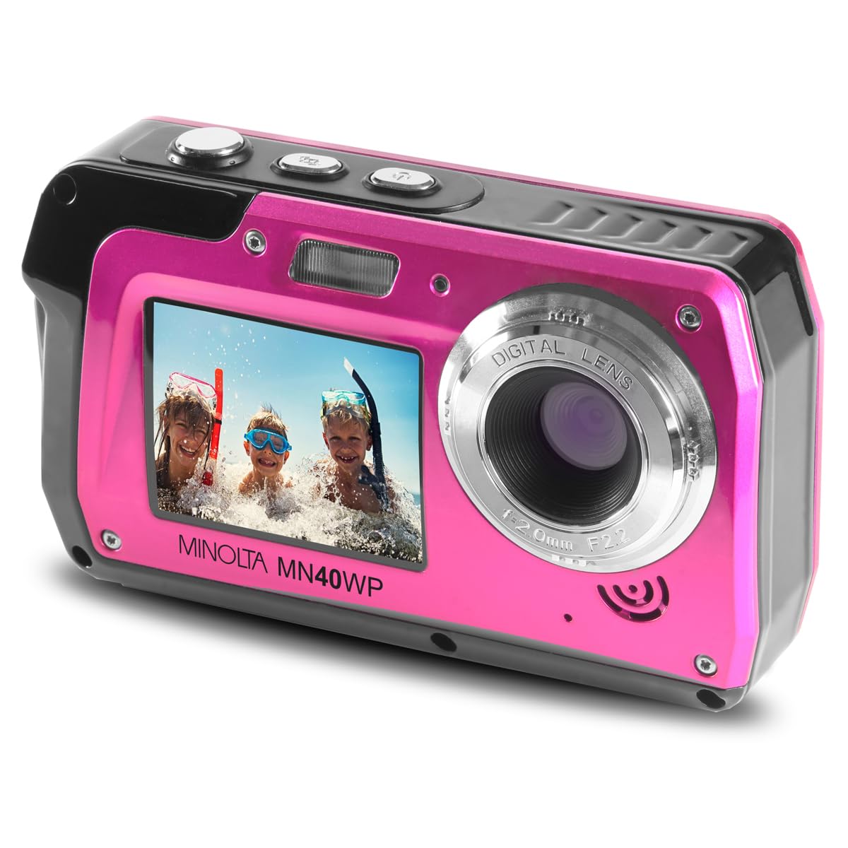 Minolta MN40WP 48MP Waterproof Digital Camera – Dual LCD Screens, 2.7K QHD Video, 16x Digital Zoom, Anti-Shake, Face Detection, 10ft Waterproof (Pink)