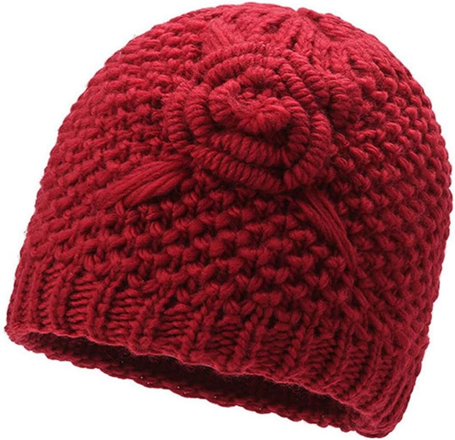 Ladies Warm Flower Beanie Hats Autumn Winter Thick Knit Caps