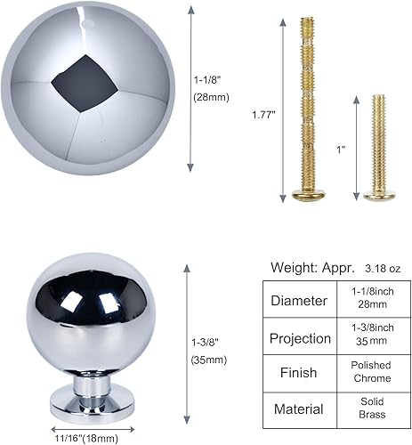 Miniatura 6 de Perillas redondas de cromo pulido para gabinete, paquete de 2 manijas de latón macizo, accesorios para tocador, cocina, dormitorio, baño, cajón