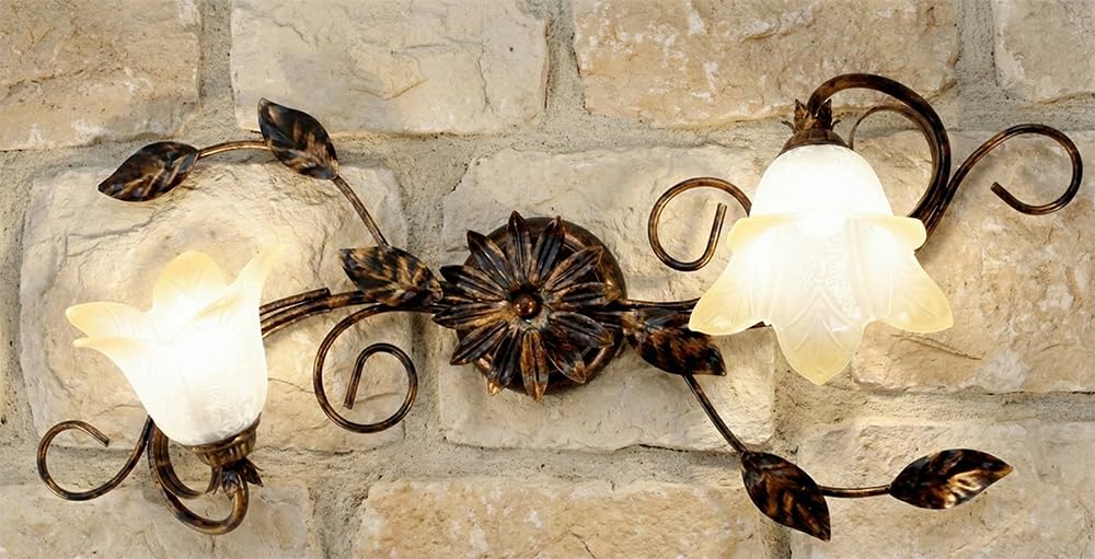 Generico Plafoniera da soffitto classica rustica in ferro battuto con vetri ambra 2 luci camera da letto, soggiorno, corridoio marta-PL2