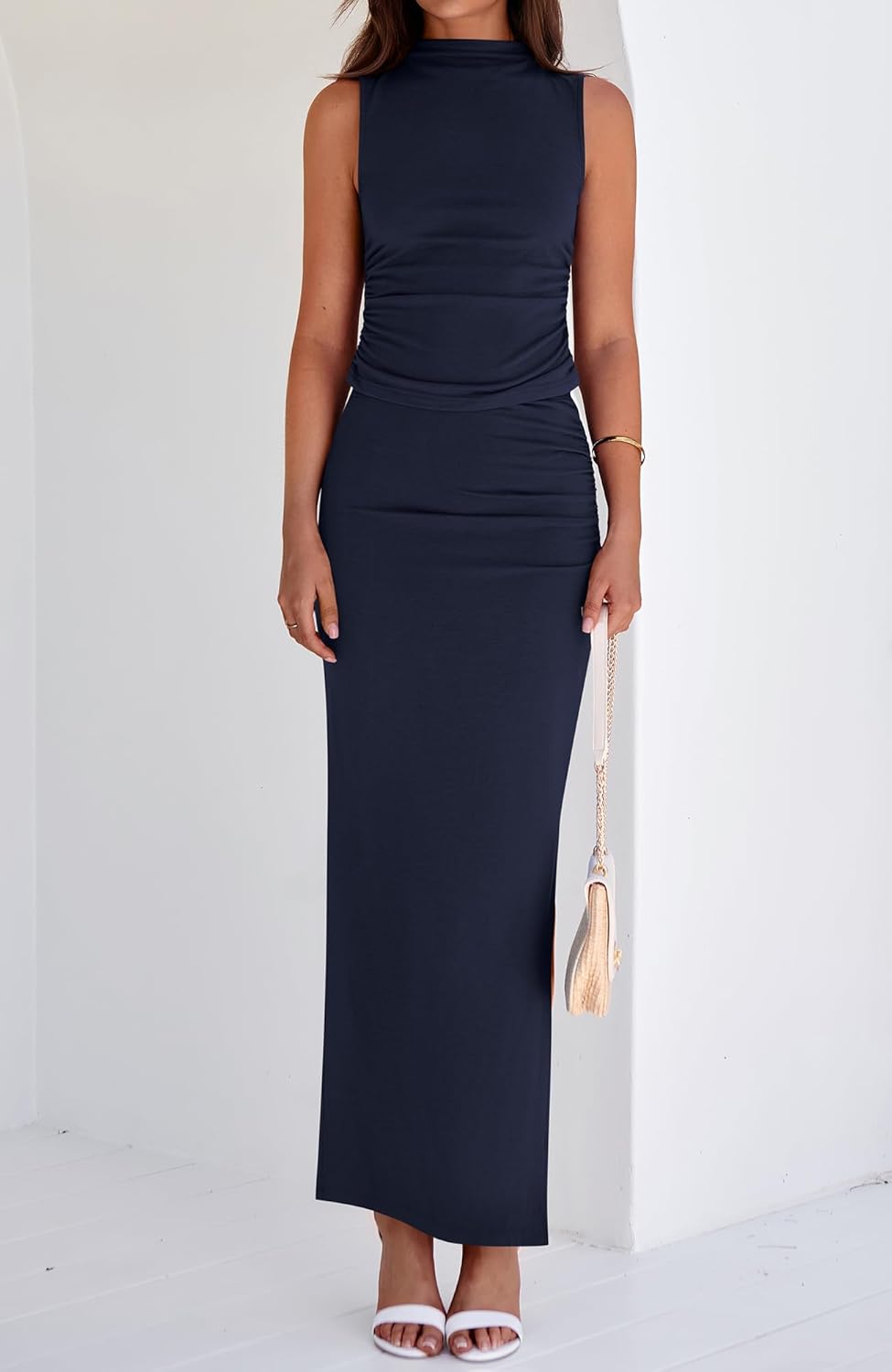 BTFBM Womens Two Piece Outfits Summer Lightweight 2026 Mock Neck Sleeveless Knit Tops Maxi Skirt Set Going Out Dress - Image 8