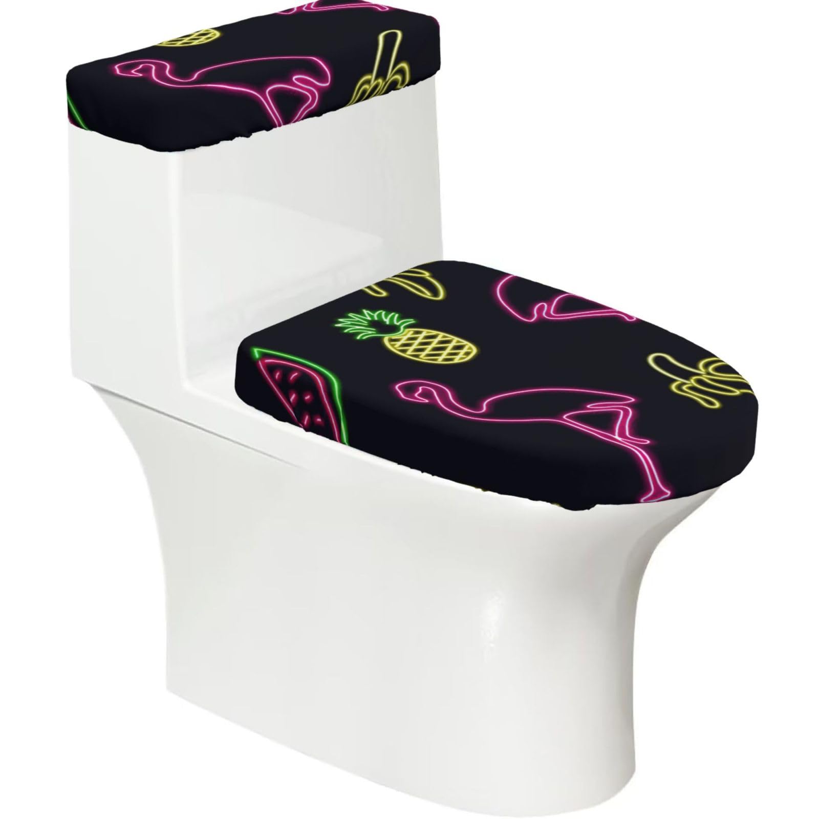 Pineapple Banana Flamingo Print Bathroom Decor Toilet Lid Cover And Tank Covers, Restroom Accessories Fits Most Round
