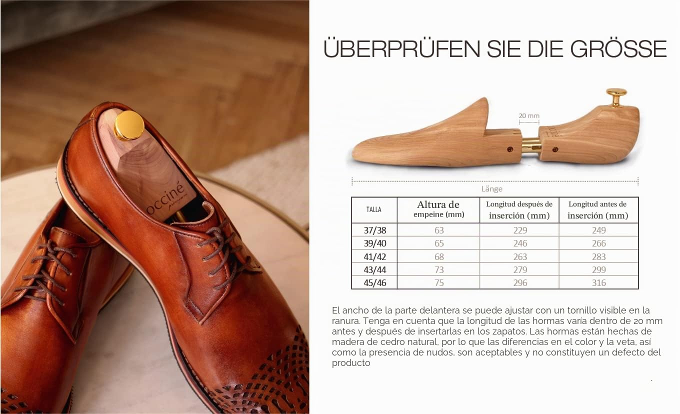 Coccine - Horma para zapatos de madera de cedro, extrafuerte, protección contra torceduras, tensor de madera para todos los zapatos, con muelles ajustables, 43-44