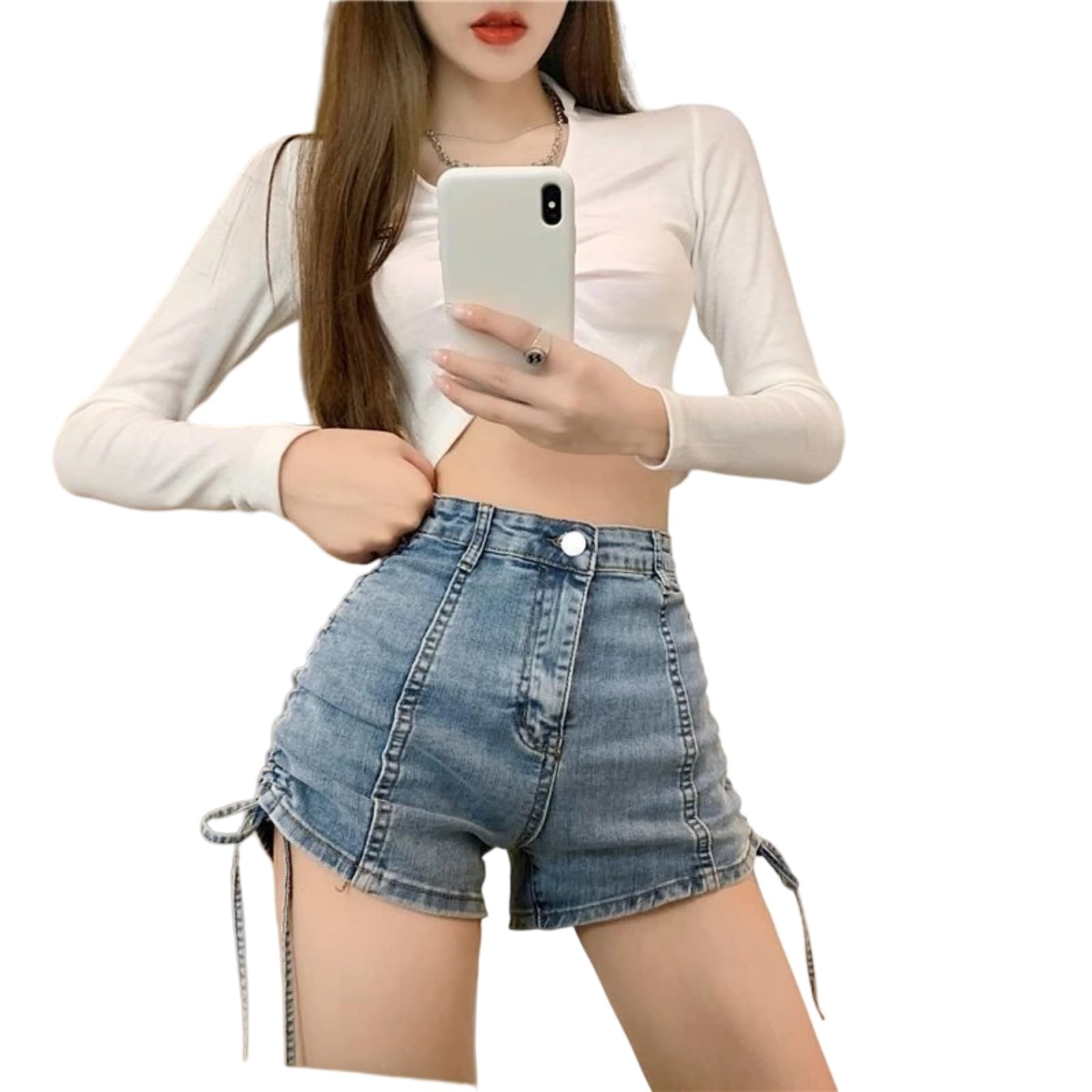 Shorts Jeans Donna Estate Coquette Strappy Short Jean Pantaloni Harajuku Moda Elastico Denim per Donne-Black -m