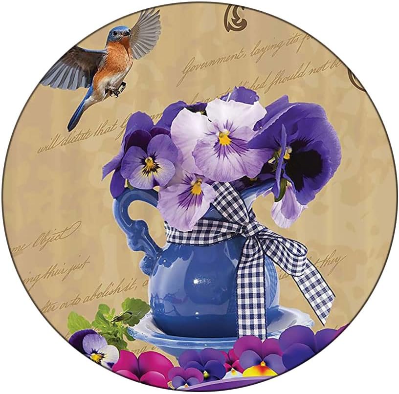 Polyester Tablecloth, Country Waterproof Oil-Proof PVC Table Cloth, Bluebirds Hummingbirds Pansy Flowers Blue Vase, Fit Round Tables 61inch, Holiday Party Home Kitchen Dining Table Decoration