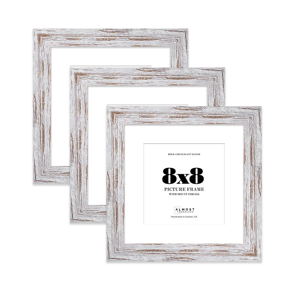 8x8" Distressed Wood Square Frame With Mount for 6x6" Pictures 28mm Edge Frame Display with Wall Hooks and Kickstand, 3 Pack